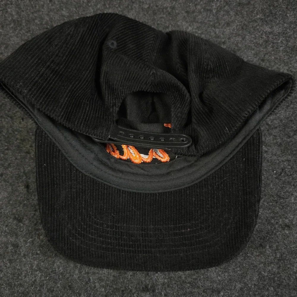 The Frida Cinema Black Men's Corduroy Snapback Hat Retro Orange Script Logo